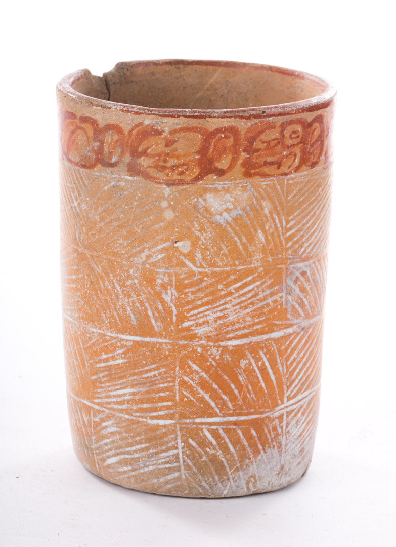 Appraisal: Mayan pottery cylinder vessel late Classic period polychrome incised decoration