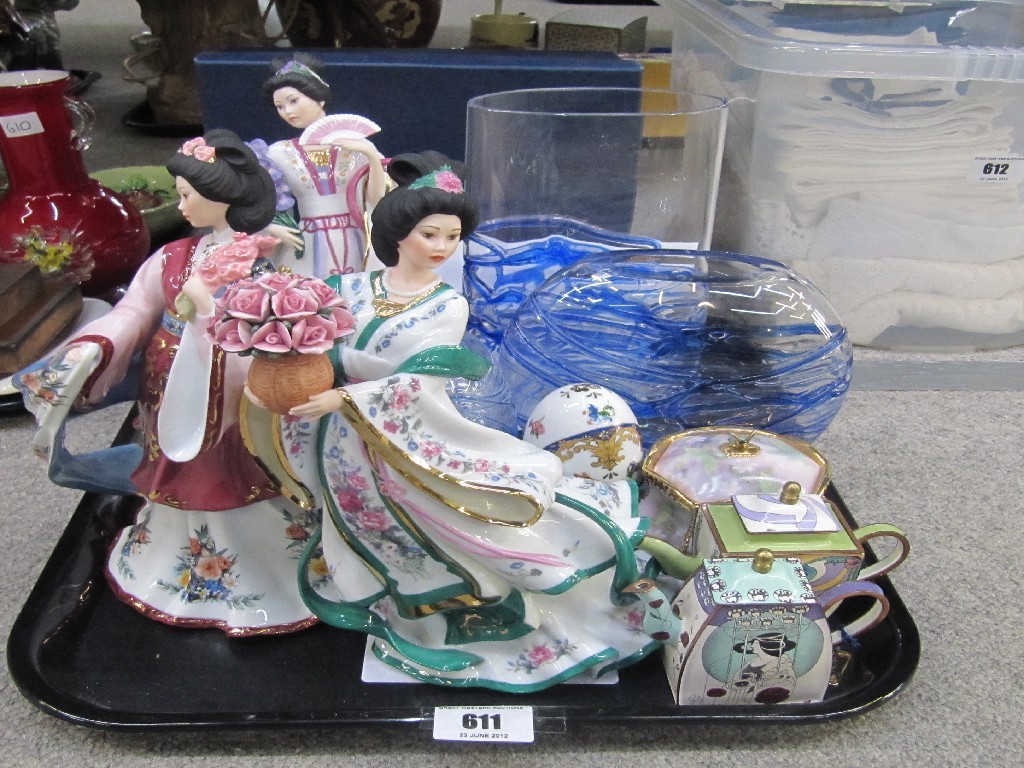 Appraisal: Three Danbury Mint figures of Japanese ladies three Dartington glass