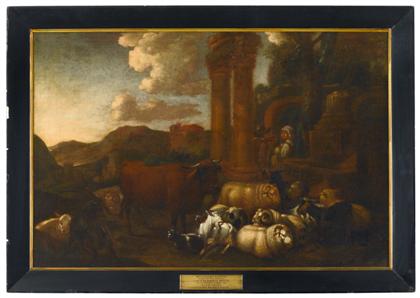 Appraisal: Continental School th th centuryromantic landscape with domestic animals