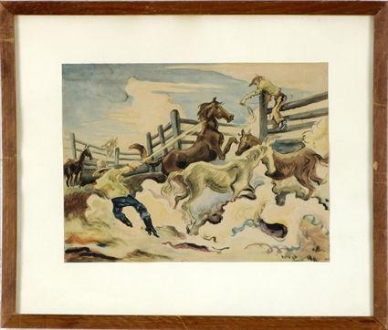 Appraisal: After Thomas Hart Benton Cowboys Reproduction print matted and framed