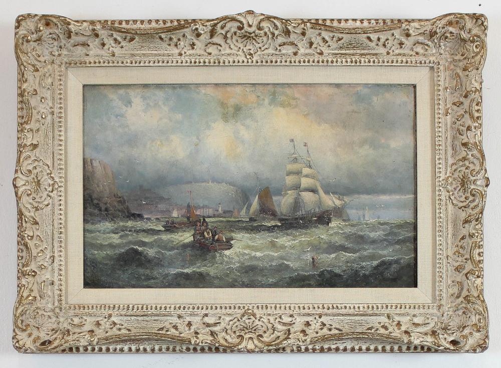 Appraisal: SEASCAPE OIL ON CANVAS tall ships near harbor and figures