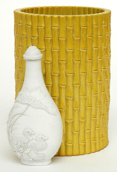 Appraisal: A CHINESE YELLOW GLAZED BRUSH POT AND A SNUFF BOTTLE