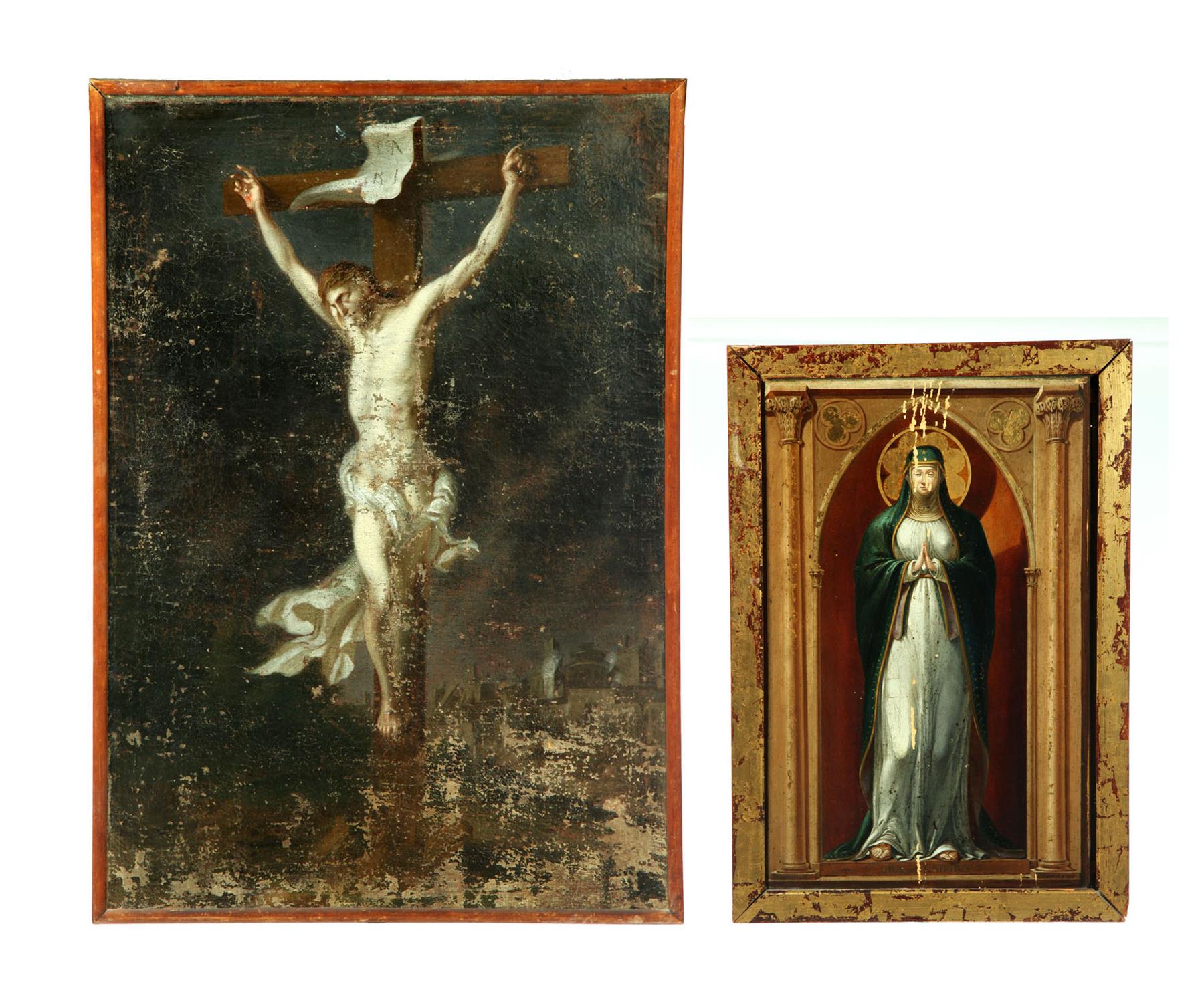 Appraisal: TWO RELIGIOUS PAINTINGS Crucifixion in the manner of Matthias Grunewald