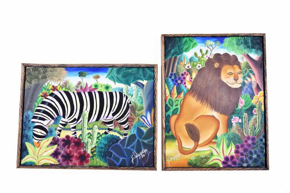 Appraisal: JEROME POLYCARPE HAITIAN B Two Paintings Lion and Zebra Both