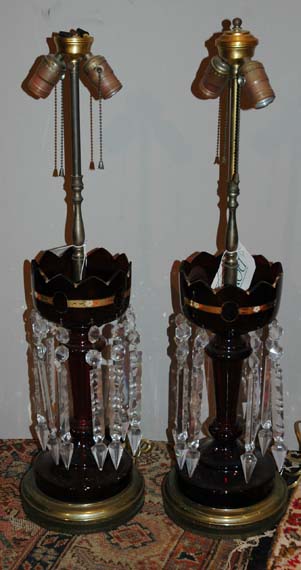 Appraisal: Pair of Bohemian Red Glass Lustres with Colorless Glass Prisms