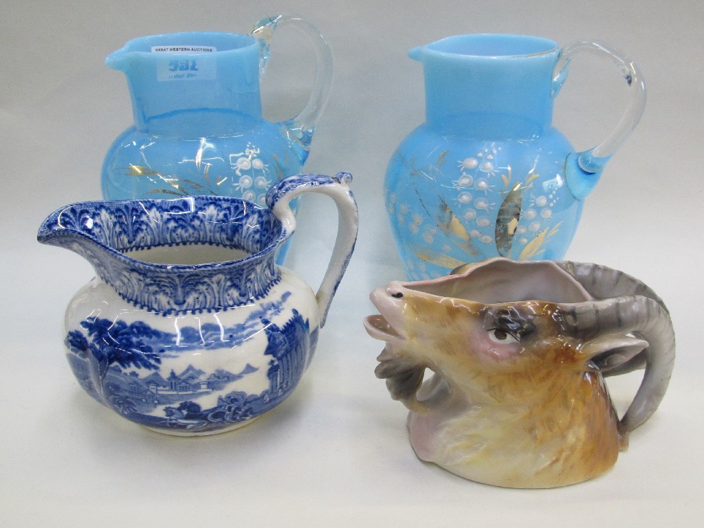 Appraisal: Royal Bayreuth 'goat' jug pair of Victorian blue glass vases