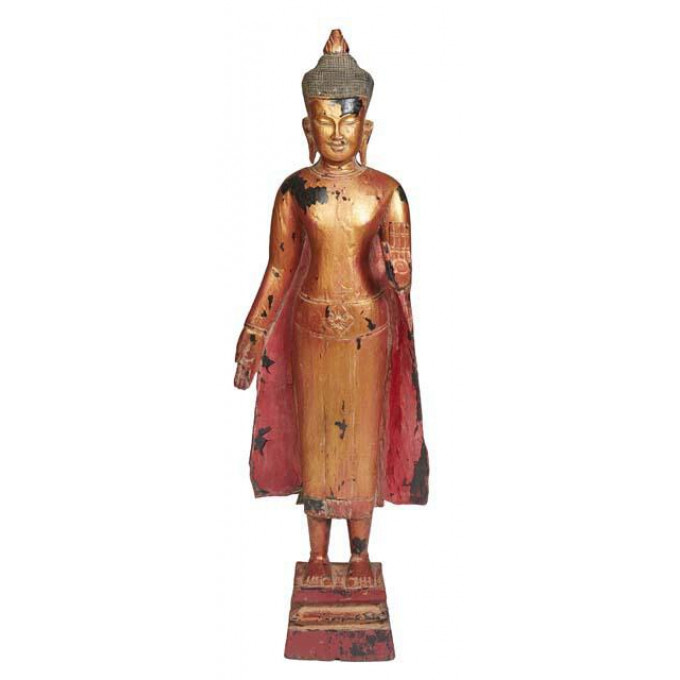 Appraisal: Large Polychromed Carved Wood Standing Buddha th c on an