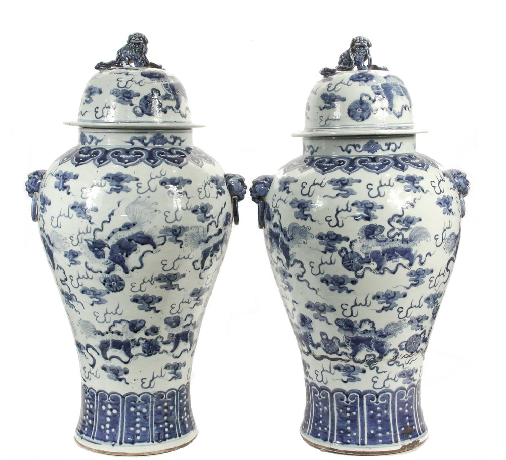 Appraisal: PAIR OF CHINESE PORCELAIN FLOOR STANDING COVERED TEMPLE URNS -