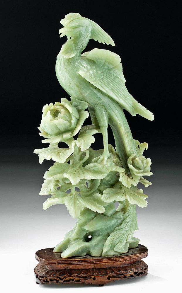 Appraisal: th C Chinese Greenstone Bird Phoenix on Flowers First Time