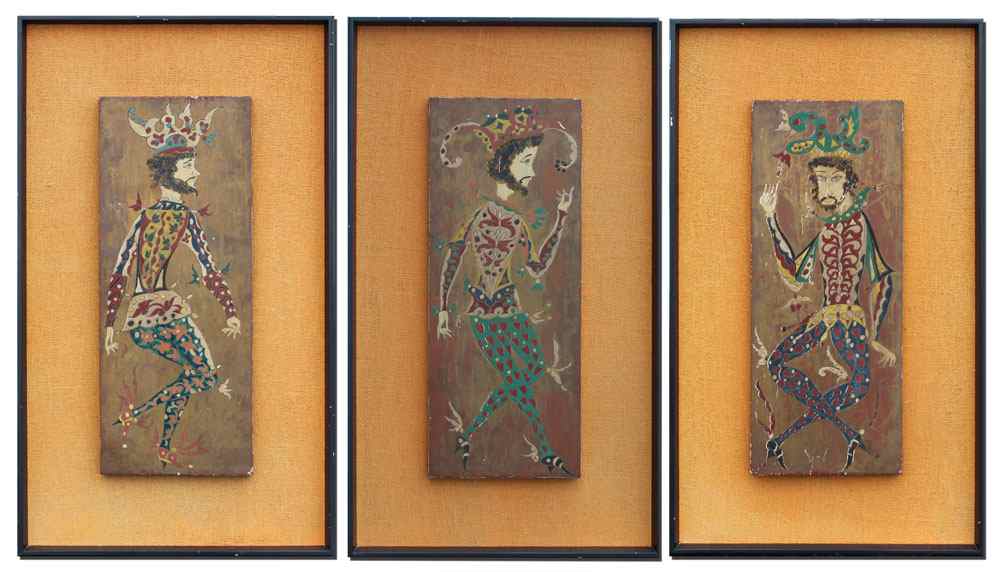 Appraisal: THREE MODERNIST OIL ON WOOD PANEL PAINTINGS OF JESTERS ''