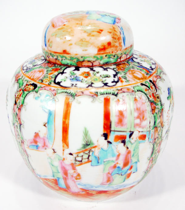 Appraisal: Cantonese porcelain ginger jar and cover enamelled with panels of