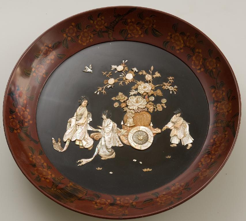 Appraisal: JAPANESE LACQUER IVORY AND MOTHER-OF-PEARL CHARGER MEIJI PERIOD the well