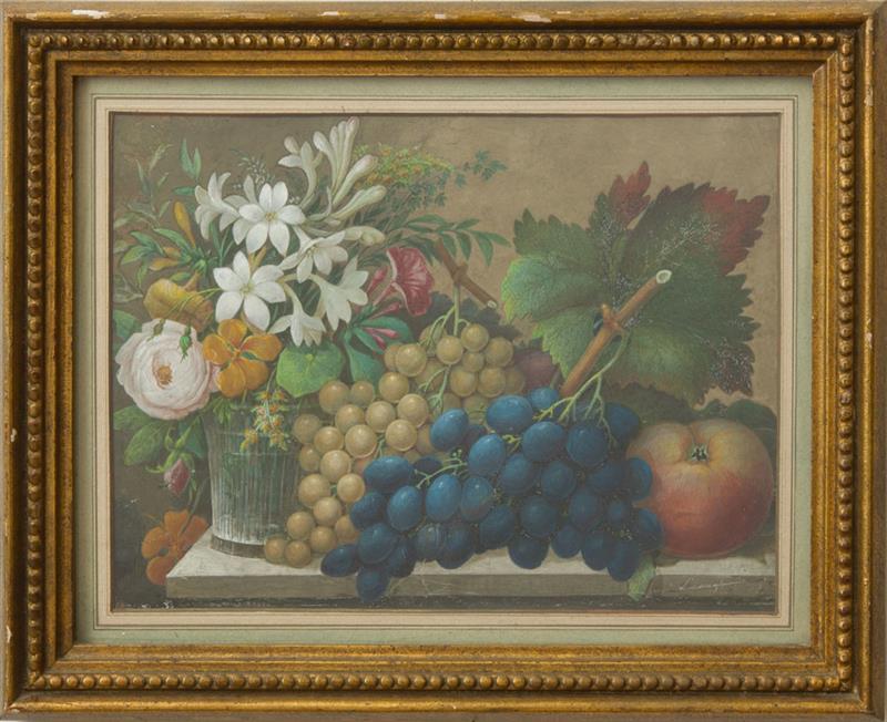 Appraisal: EUROPEAN SCHOOL FRUIT AND FLOWERS Gouache on paper indistinctly signed