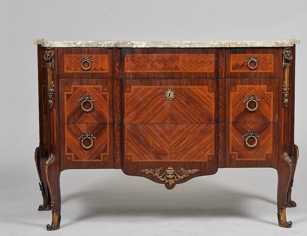 Appraisal: LOUIS XV STYLE GILT BRONZE MOINTED INLAID MAHOGANY COMMODE French