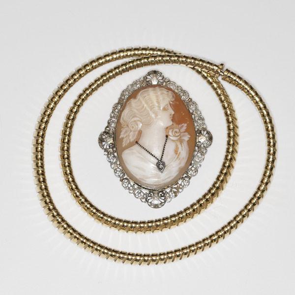 Appraisal: TIFFANY CO Gold gaspipe necklace and two cameo brooches k