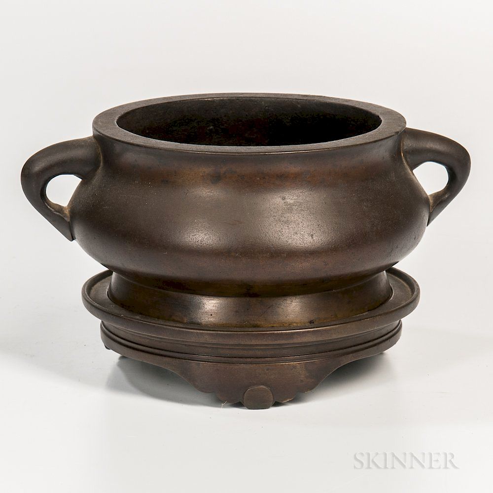 Appraisal: Bronze Bombe Censer and a Stand Bronze Bombe Censer and