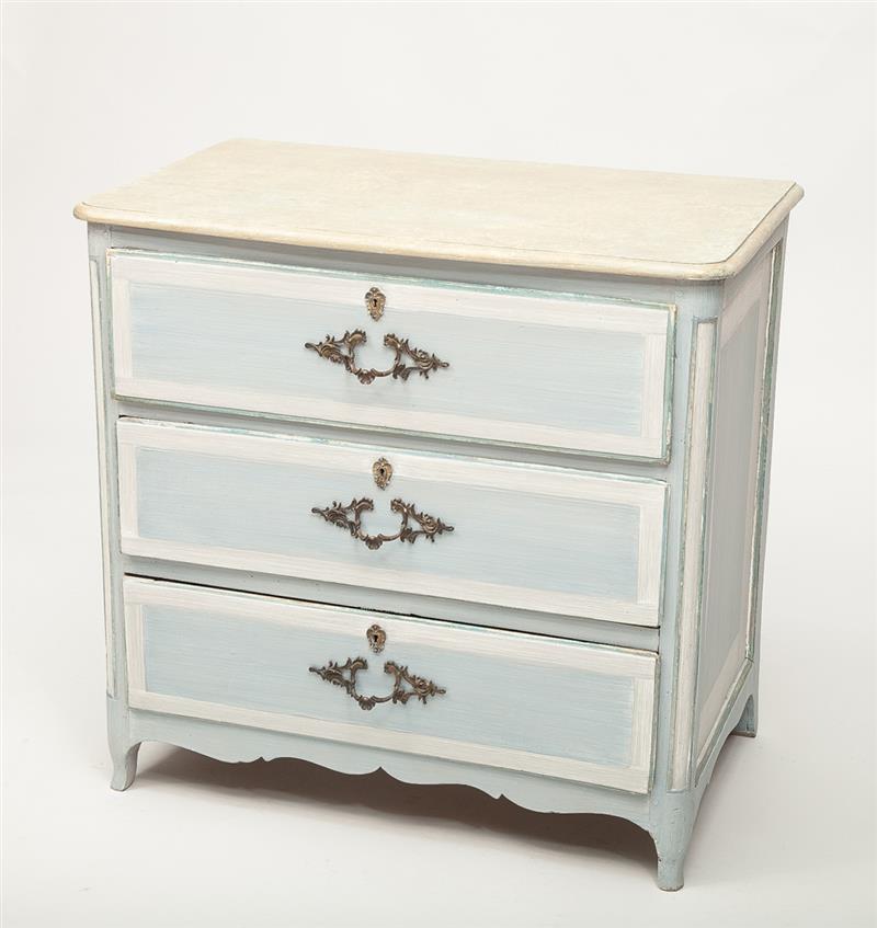 Appraisal: R gence Provincial Style Blue-Painted Three-Drawer Commode x x in