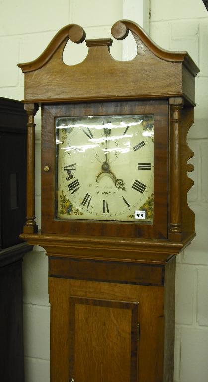 Appraisal: Oak and mahogany thirty hour longcase clock the painted square