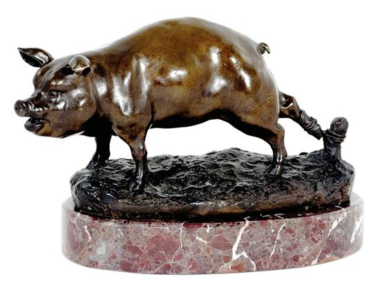 Appraisal: Bronze sculpture of swine tethered pig mounted on rouge marble