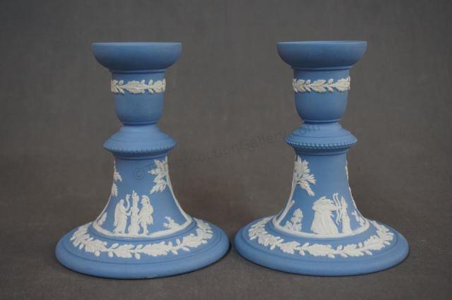 Appraisal: Wedgewood Jasperware Candlesticks White on Blue - marked on bottom