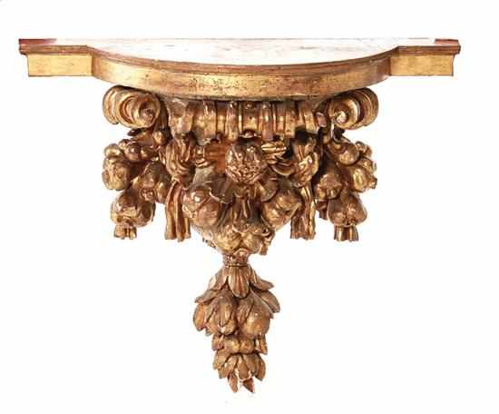 Appraisal: Continental carved giltwood console bracket semi-circular faux marble top upon