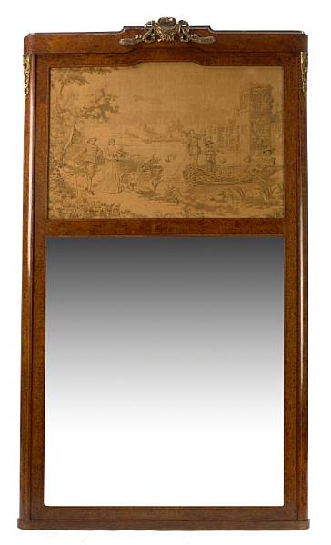 Appraisal: A Louis XVI style tapestry inset walnut pier mirror height