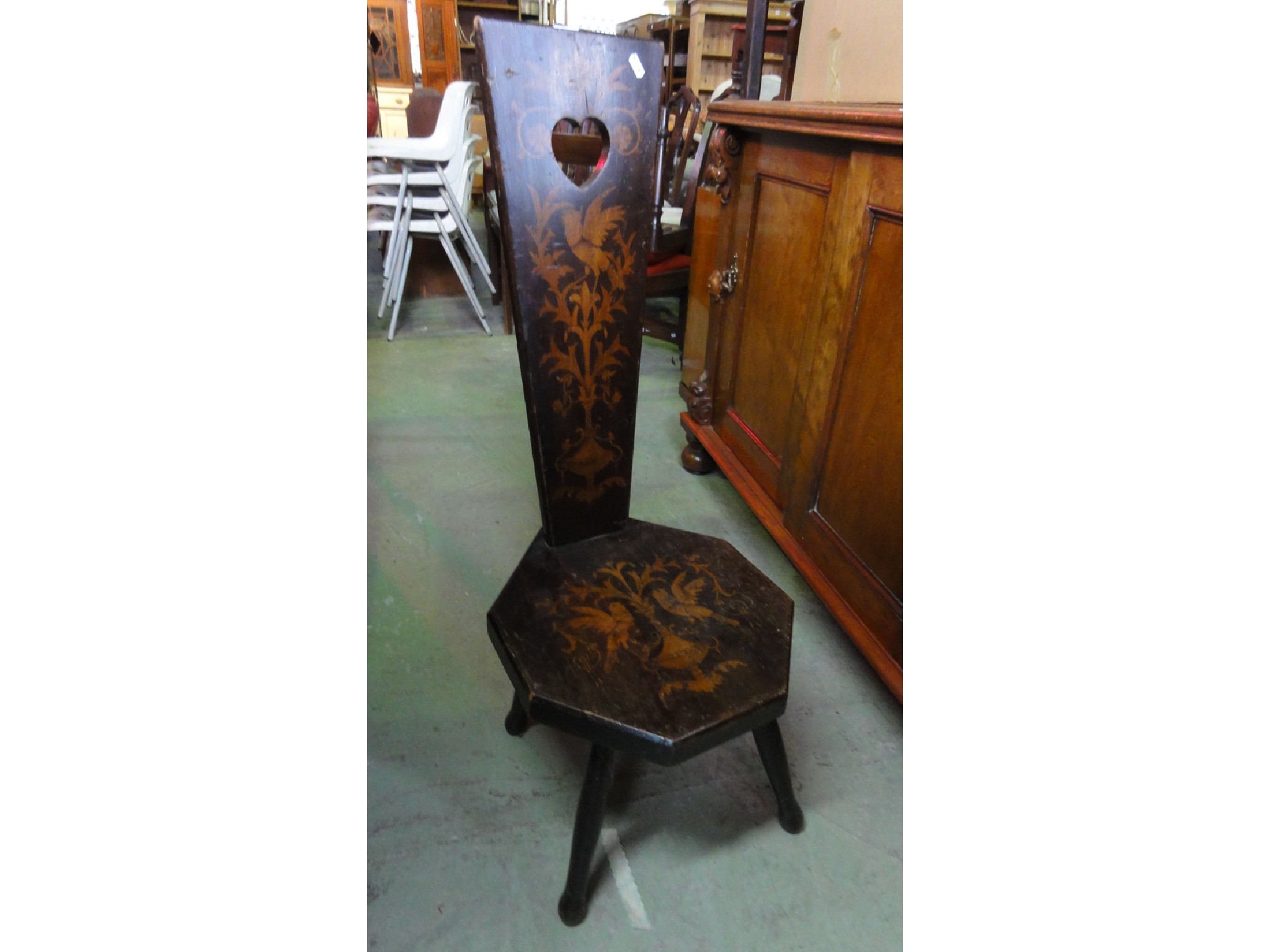 Appraisal: An Edwardian sewing chair with flowering urn and bird detail