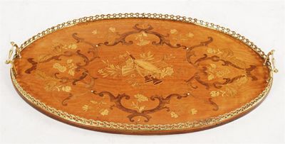 Appraisal: A late Victorian satinwood and marquetry tray with brass carrying