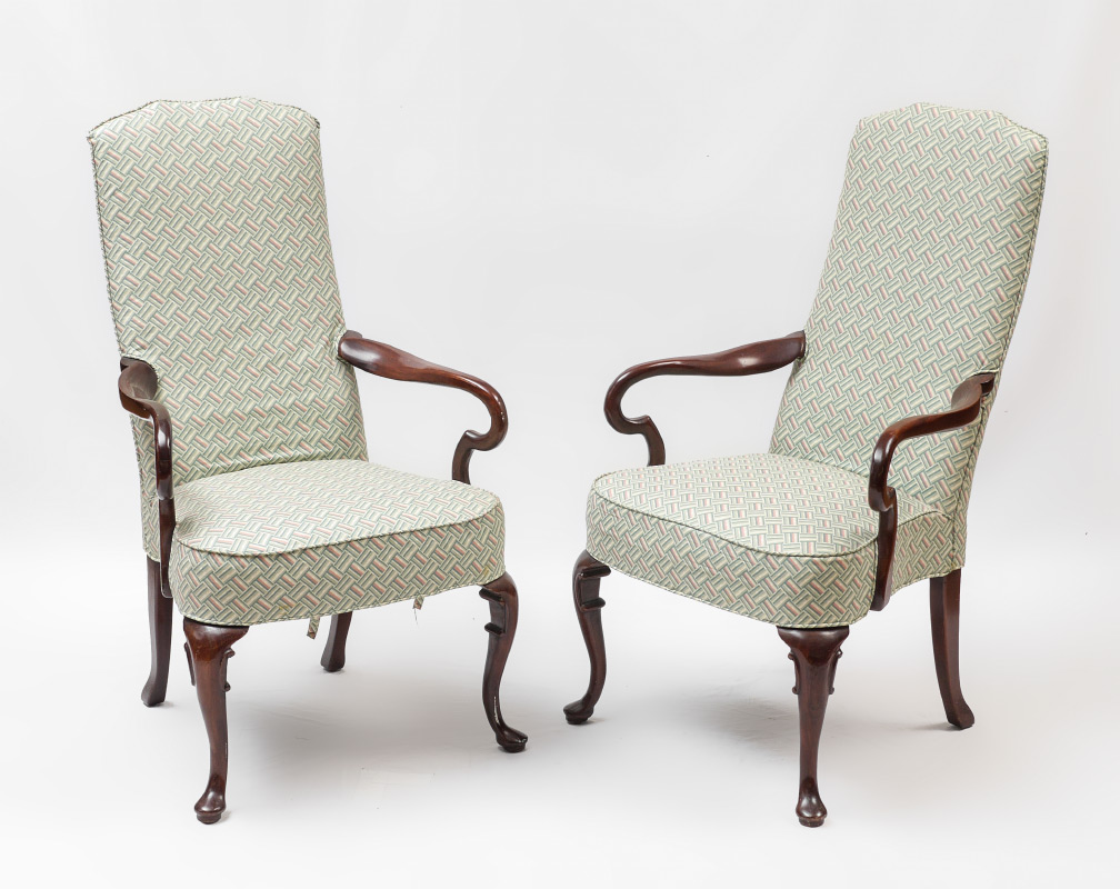 Appraisal: PAIR OF UPHOLSTERED ARM CHAIRS Shaped bentwood arms Queen Anne