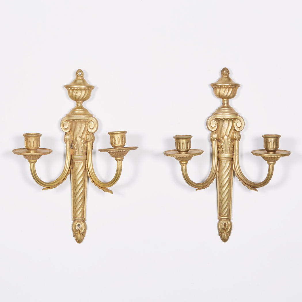 Appraisal: Pair of Louis XVI Style Gilt-Metal Two-Light Sconces th Century