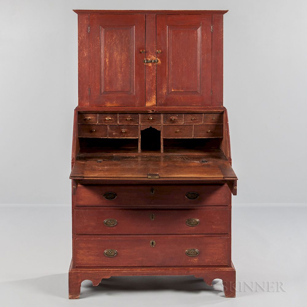 Appraisal: Red-painted Maple Desk Bookcase Red-painted Maple Desk Bookcase reportedly Maine