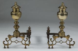 Appraisal: Pair of Federal style brass andirons h Pair of Federal