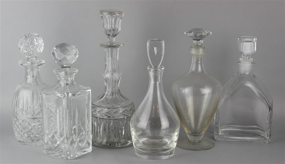 Appraisal: SIX GLASS DECANTERS including one Steuben h in one Waterford