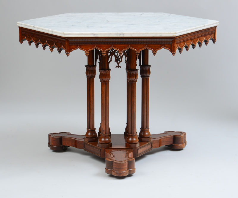 Appraisal: AMERICAN GOTHIC ROSEWOOD MARBLE-TOP CENTER TABLE NEW YORK C Rosewood