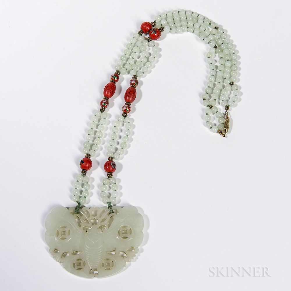 Appraisal: String of Beads with Jade Butterfly Pendant String of Beads