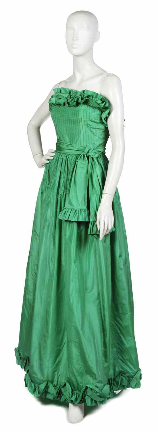 Appraisal: A Bill Blass Green Silk Faille Evening Gown strapless pleated