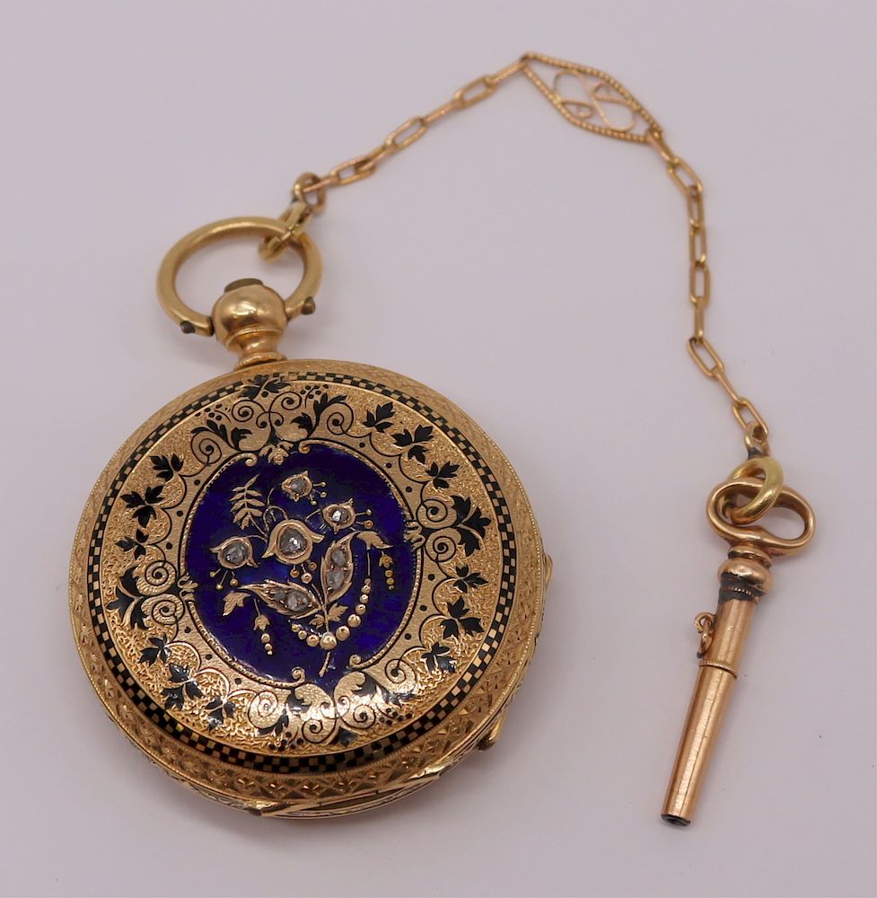 Appraisal: JEWELRY Antique kt Gold Enamel and Diamond Pocket Watch Mid