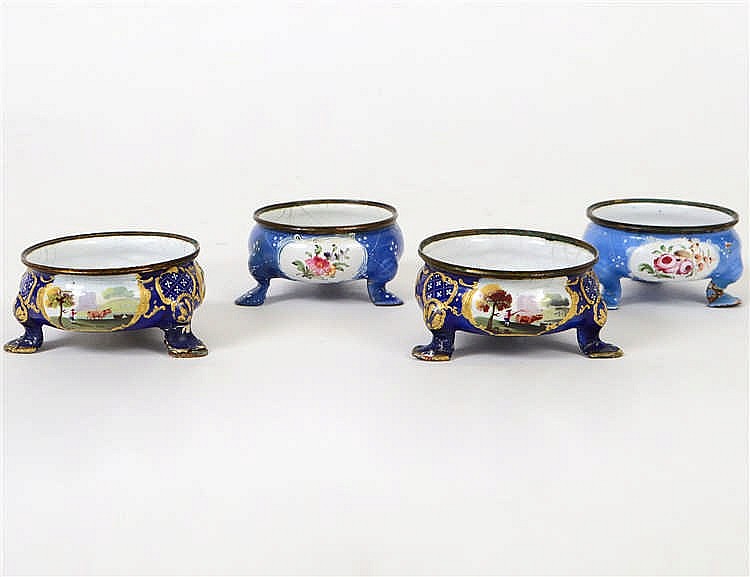 Appraisal: TWO PAIRS OF BATTERSEA ENAMEL SALTSLast Quarter of the th