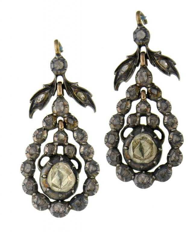 Appraisal: A PAIR OF ANTIQUE ROSE DIAMOND EARRINGS of drop form