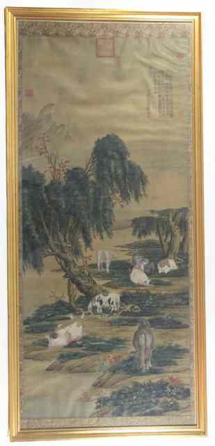 Appraisal: A Chinese watercolour on silk ponies in a landscape with