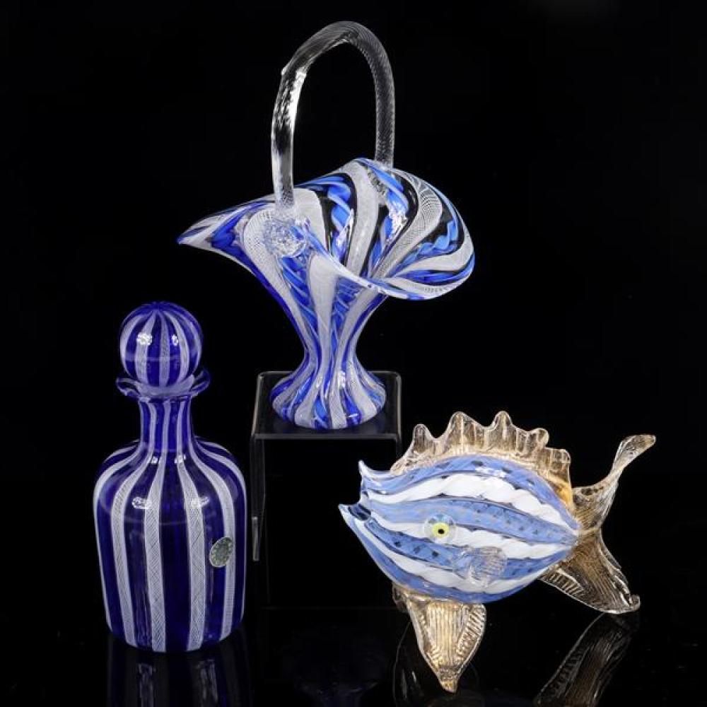 Appraisal: MURANO ITALIAN ART GLASS PC GROUP WITH BLUE WHITE LATTICINO