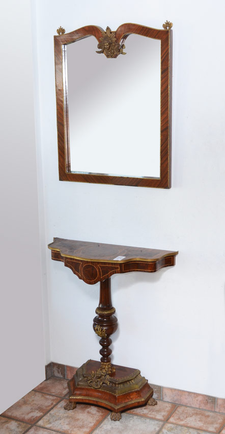 Appraisal: ORMOLU INLAY DEMI FOYER TABLE AND MIRROR Shaped top rimmed