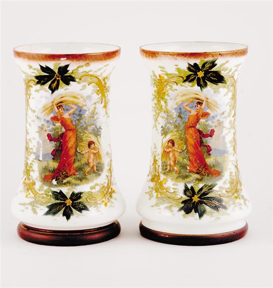 Appraisal: Pair painted Bristol glass vases th century painted with scene