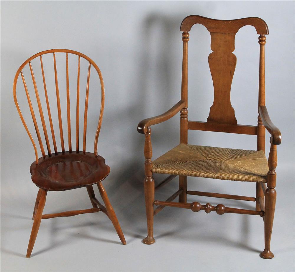 Appraisal: AMERICAN QUEEN ANNE STYLE ARMCHAIR TOGETHER WITH AN AMERICAN WINDSOR