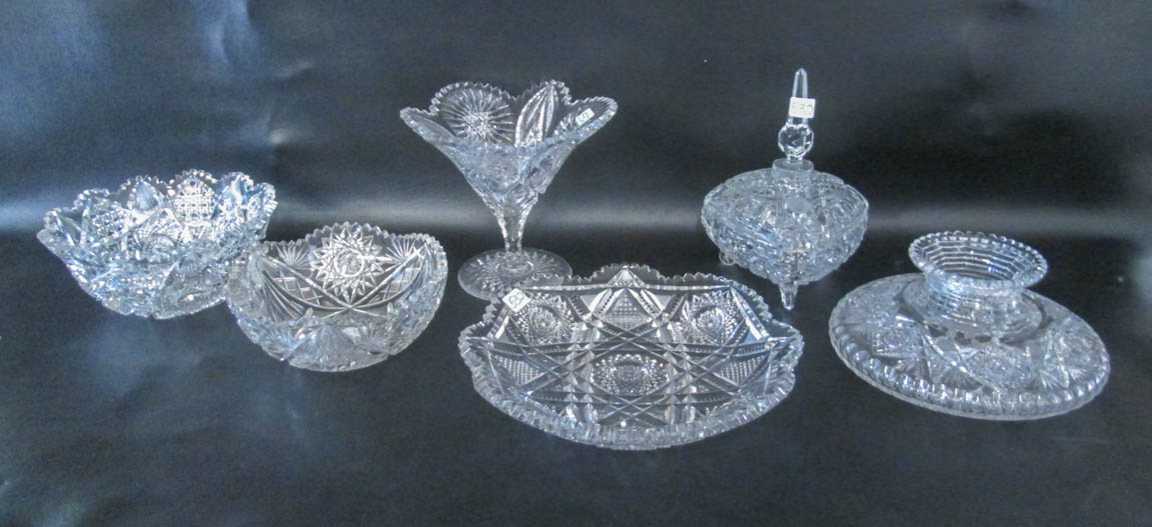 Appraisal: SIX CUT CRYSTAL TABLEWARE PIECES including a compressed vase H