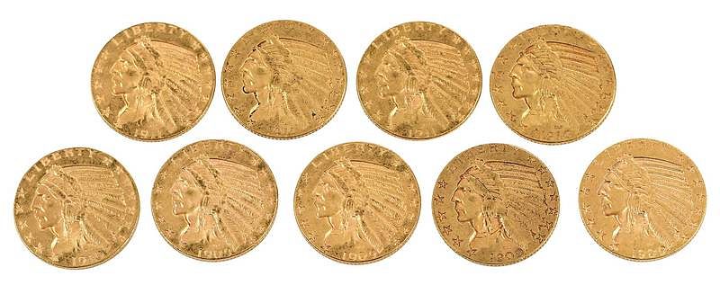 Appraisal: Group of Nine Gold Half Eagles Indian design dates include