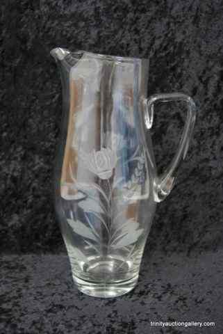 Appraisal: Vintage Etched Glass Pitcher w Applied HandleFrom the estate is