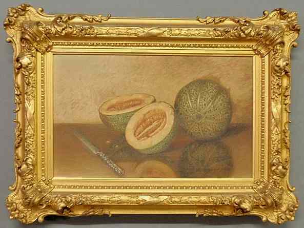 Appraisal: Oil on canvas still life painting of sliced cantaloupe melons