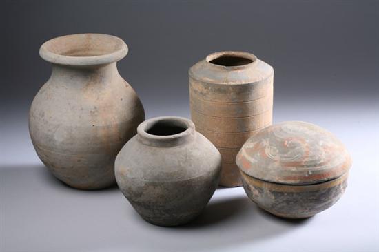 Appraisal: FOUR GREY POTTERY VESSELS Han Dynasty One covered box with