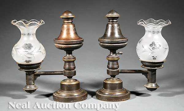 Appraisal: A Pair of American Patinated Bronze Argand Lamps mid- th